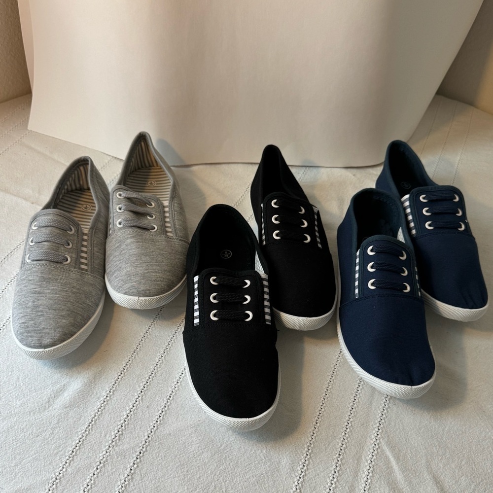 Sneakers no tie slip on loafers stretch cord black blue gray 3 pairs NWOT size 8